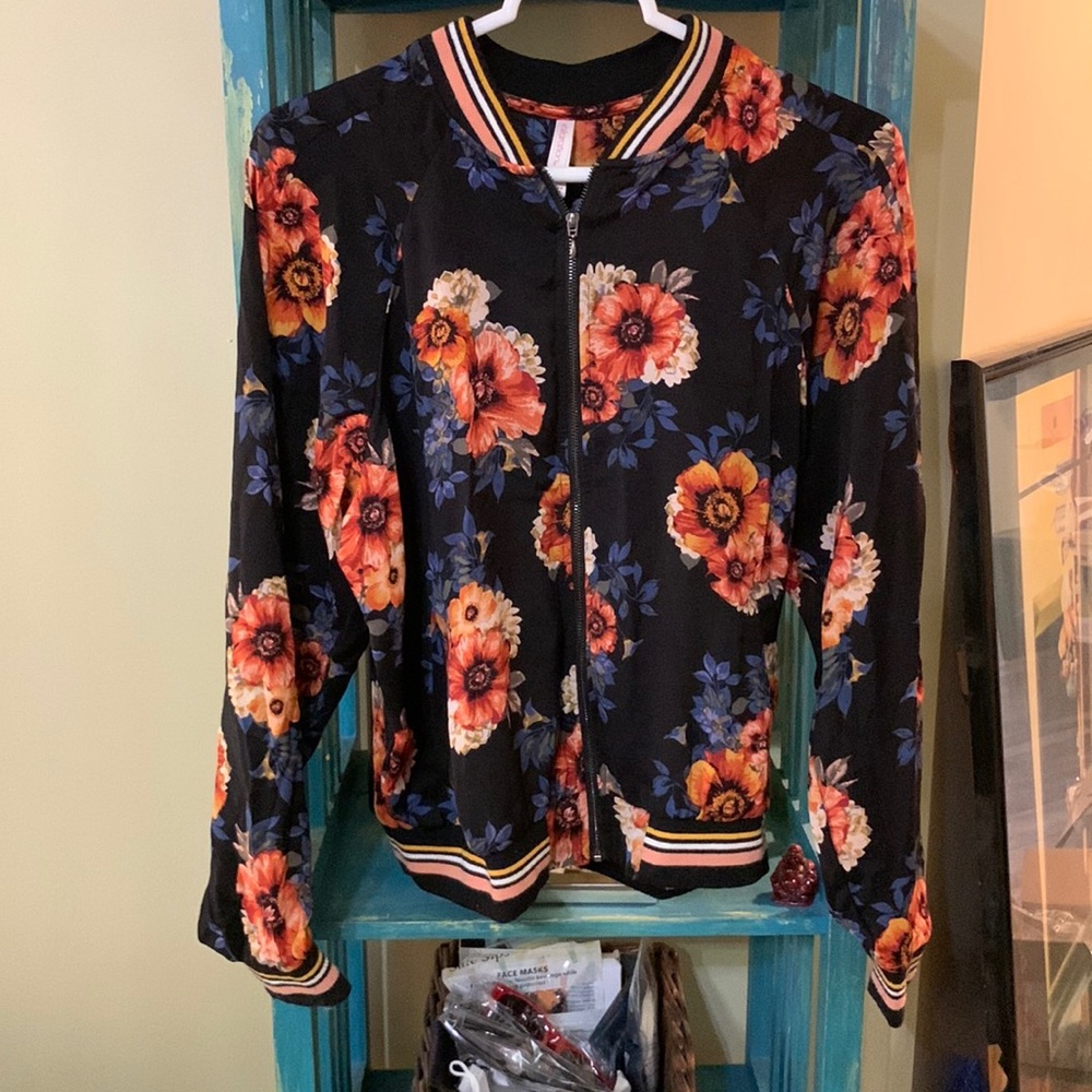 Xhilaration Black Bomber Jacket with Orange & Blue Floral Print